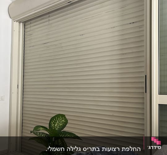תריסים סגורים על חלון זכוכית עם מסגרת לבנה